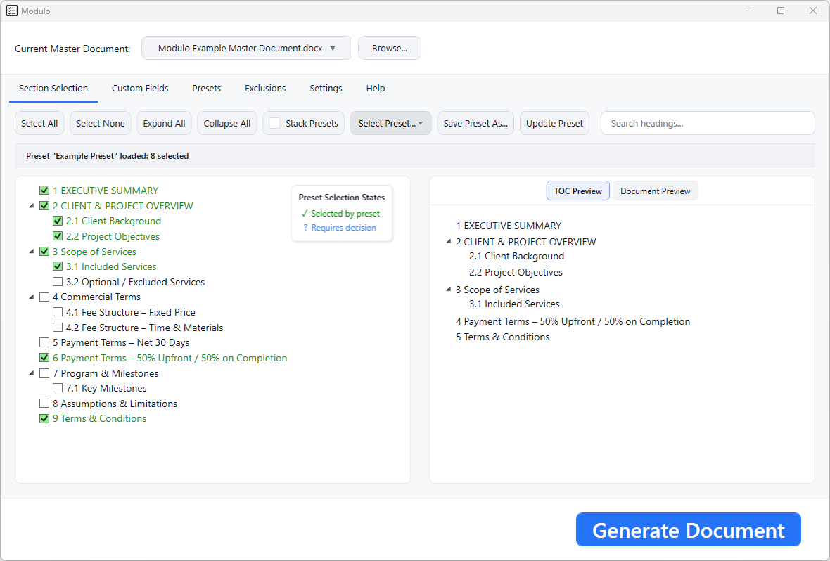 The Modulo app showing a master document as a checklist of sections, with selected sections in green and a live table of contents preview